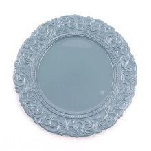 Case of 24 Dusty Blue Vintage Plastic Charger Plates With Engraved Baroque Rim, Round Disposable Serving Trays - 14"