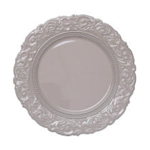 Case of 24 Taupe Vintage Plastic Charger Plates With Engraved Baroque Rim, Round Disposable Serving Trays - 14"