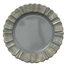 Case of 24 Round Charcoal Gray Acrylic Plastic Charger Plates With Gold Brushed Wavy Scalloped Rim - 13"