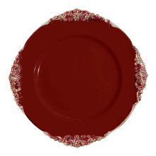 Case of 24 Burgundy Gold Embossed Baroque Round Charger Plates With Antique Design Rim - 13"