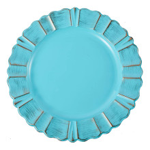 Case of 24 Round Blue Acrylic Plastic Charger Plates With Gold Brushed Wavy Scalloped Rim - 13"