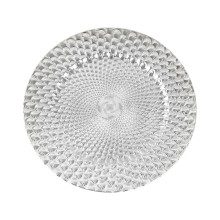 Case of 24 Silver Peacock Pattern Plastic Charger Plates, Round Disposable Serving Trays - 13"