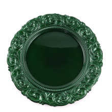 Case of 24 Hunter Emerald Green Vintage Plastic Charger Plates With Engraved Baroque Rim, Round Disposable Serving Trays - 14"