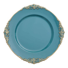 Case of 24 Peacock Teal Gold Embossed Baroque Round Charger Plates With Antique Design Rim - 13"