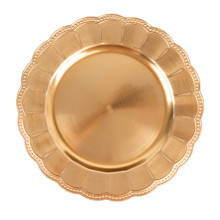 Case of 24 Metallic Gold Disposable Sunflower Charger Plates With Scalloped Rim, Elegant Acrylic Plastic Beaded Serving Plates - 13"