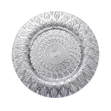 Case of 24 Silver Embossed Peacock Design Disposable Charger Plates, Round Plastic Serving Plates - 13"