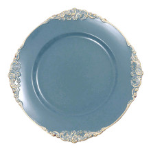 Case of 24 Dusty Blue Gold Embossed Baroque Round Charger Plates With Antique Design Rim - 13"