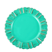 Case of 24 Round Turquoise Acrylic Plastic Charger Plates With Gold Brushed Wavy Scalloped Rim - 13"