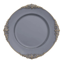Case of 24 Charcoal Gray Gold Embossed Baroque Round Charger Plates With Antique Design Rim - 13"