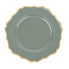 Case of 24 Olive Green / Gold Scalloped Rim Acrylic Charger Plates, Round Plastic Charger Plates - 13"
