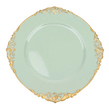 Case of 24 Sage Green Gold Embossed Baroque Round Charger Plates With Antique Design Rim - 13"