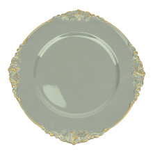 Case of 24 Dusty Sage Gold Embossed Baroque Round Charger Plates With Antique Design Rim - 13"