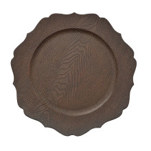 Case of 24 Rustic Brown Embossed Wood Grain Acrylic Charger Plates with Scalloped Rim - 13"