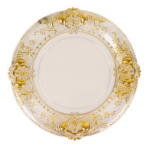 Case of 24 Clear Decorative Charger Plates With Gold Florentine Style Embossed Rim, Round Plastic Dinner Serving Trays - 13"
