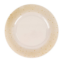 Case of 24 Clear / Gold Pearl Beaded Disposable Wedding Charger Plates, Round Plastic Serving Plates With Dotted Rim - 13"