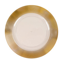 Case of 24 Clear / Gold Lined Rim Disposable Wedding Charger Plates, Round Plastic Serving Plates with Elegant Ringed Rim - 13"