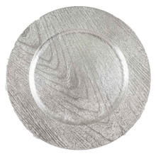 Case of 24 Silver Embossed Wood Grain Round Acrylic Charger Plates, Boho Chic Table Decor - 13"