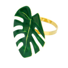 Case of 48 Green Tropical Leaf Shaped Metallic Gold Napkin Rings, Linen Napkin Holders