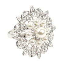 Case of 48 Pearl And Diamond Rhinestone Flower Silver Metal Napkin Rings, Decorative Napkin Buckle Holders