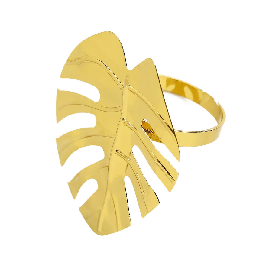 Case of 48 Tropical Leaf Shaped Metallic Gold Napkin Rings Linen Napkin Holders
