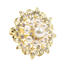 Case of 48 Pearl And Diamond Rhinestone Flower Gold Metal Napkin Rings, Decorative Napkin Buckle Holders