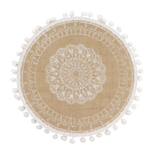 Case of 48 Natural Jute and White Embroidery Mandala Print Placemats, Rustic Round Woven Burlap Tassel Table Mats With Beaded Edges - 15"