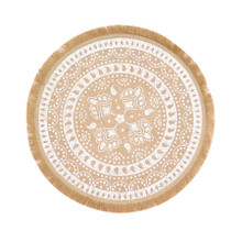 Case of 48 Natural Jute and White Print Fringe Placemats, Rustic Round Woven Burlap Tassel Table Mats - 15"