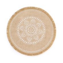 Case of 48 Natural Jute Fringe White Embroidery Print Placemats, Rustic Round Woven Burlap Tassel Table Mats - 15"