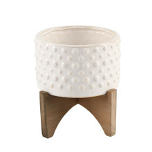 Case of 8 5"  Hobnail Ceramic Planter on Wood Stand - IVORY