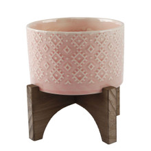 Case of 8 5"  India Ceramic Planter on Wood Stand - Pink