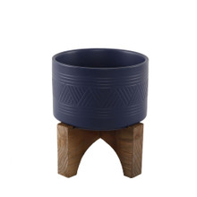 Case of 4 7" Mountain Ceramic Planter On Wood Stand, Matte Navy