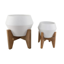 Case of 2 10” & 8" Openning Ceramic Plant Pot On Wood Stand, Set Of 2