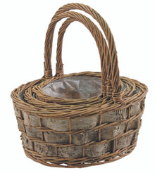 24 Sets of 3 Dark Stained Oval Willow & Chipwood Baskets with Handle