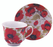 24 Sets - Red Poppy Porcelain Teacups & Saucers