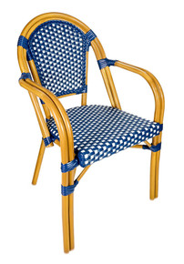 Blue & White Rattan French Bistro Patio Dining Chair Tan Bamboo Aluminum Frame