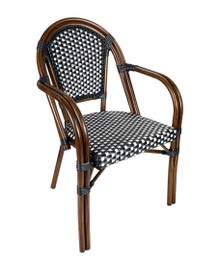 Black & White Rattan French Bistro Patio Dining Chair with Arms Dark Brown Aluminum Frame