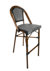 Black & White Rattan French Bistro Patio Armless Barstool Dark Brown Aluminum Frame Bordeaux