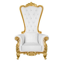 Throne Chair, Wood, Gold Frame, White Vinyl Cushions