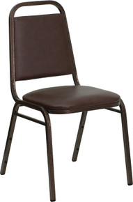 Brown Vinyl Stacking Banquet Chair with Trapezoidal Back with Copper Vein Frame