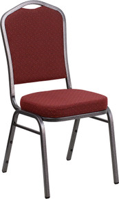 Burgundy Patterned Fabric Crown Back Stacking Banquet Chair with Silver Vein Frame
