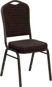 Brown Patterned Fabric Crown Back Stacking Banquet Chair with Gold Vein Frame