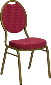 Burgundy Patterned Teardrop Back Stacking Banquet Chair with Gold Frame