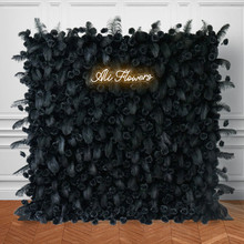 5D Luxury Real Black Ostrich Feather Rose Flower Wall for Wedding Stage Decor – 8ft × 8ft