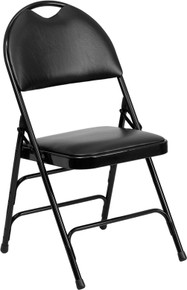 Extra Large Ultra-Premium Triple Braced Black Vinyl Metal Folding Chair with Easy-Carry Handle
