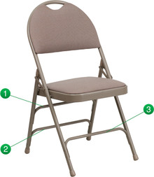 Extra Large Ultra-Premium Triple Braced Beige Fabric Metal Folding Chair with Easy-Carry Handle
