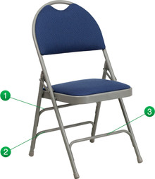 Extra Large Ultra-Premium Triple Braced Navy Fabric Metal Folding Chair with Easy-Carry Handle