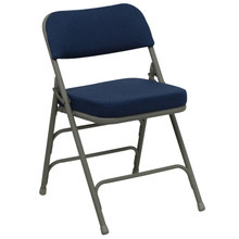 Premium Curved Triple Braced and Quad Hinged Navy Fabric Upholstered Metal Folding Chair