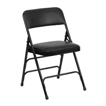 Curved Triple Braced and Quad Hinged Black Vinyl Upholstered Metal Folding Chair