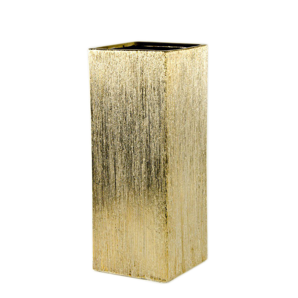 Tall Scratched Square Ceramic Vase Gold 12-Inch 