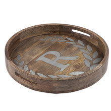 Round Mango Wood Tray with Metal Inlay "R" Monogram, 20"D - GG Heritage Collection